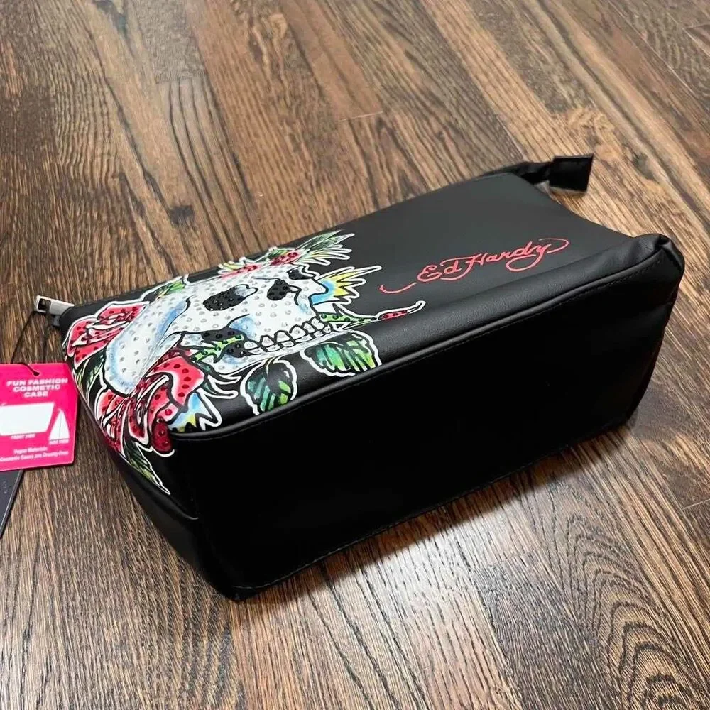 ed hardy skull rose flower makeup cosmetic toiletry bag bedazzled rhinestone NWT